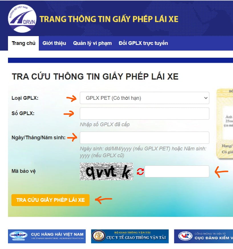 Nhập thông tin tra cứu bằng lái xe